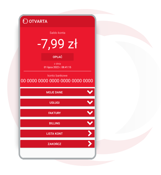 stan konta widoczny w aplikacji OTVARTA 24/7