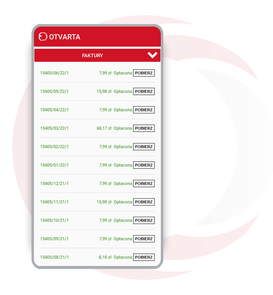 pobieranie faktur w aplikacji OTVARTA 24/7