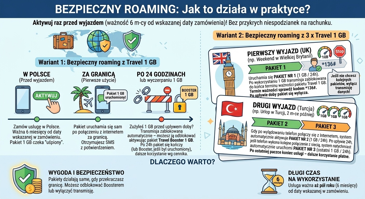Infografika przedstawiająca działanie usługi Bezpieczny Roaming i pakiet&oacute;w Travel w OTVARTA
