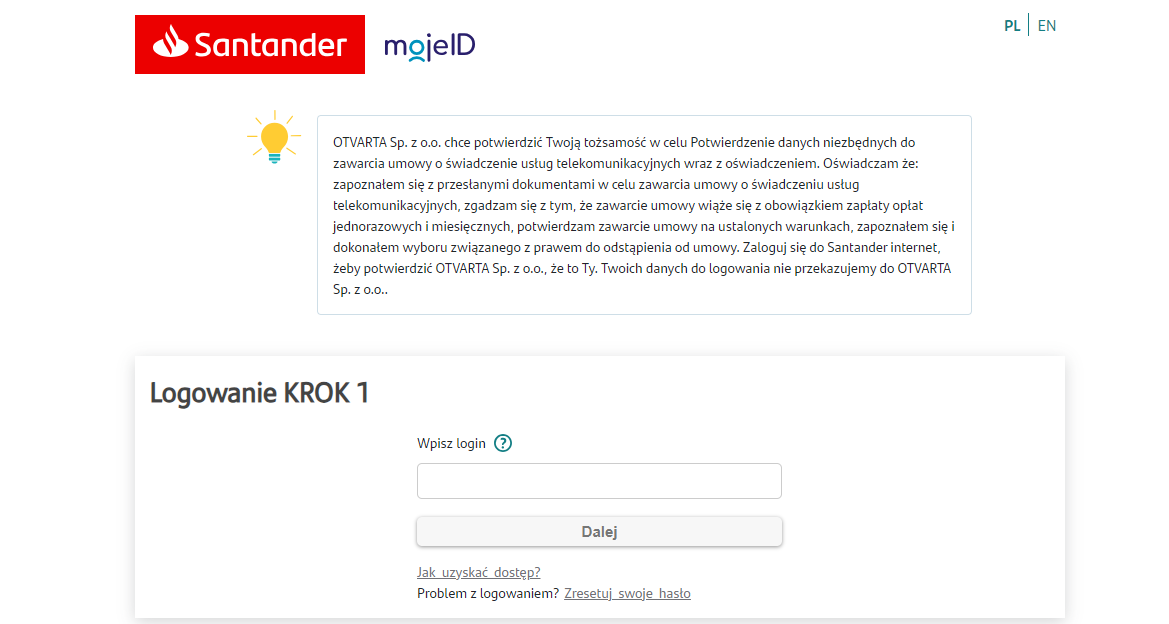 potwierdzenie tożsamości w banku Santander, ekran logowania