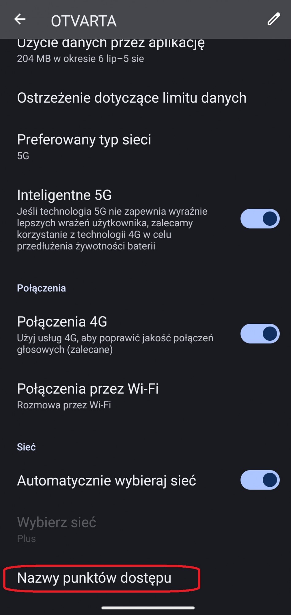 okno ustawień karty SIM z zaznaczoną opcją nazwy punkt&oacute;w dostępu
