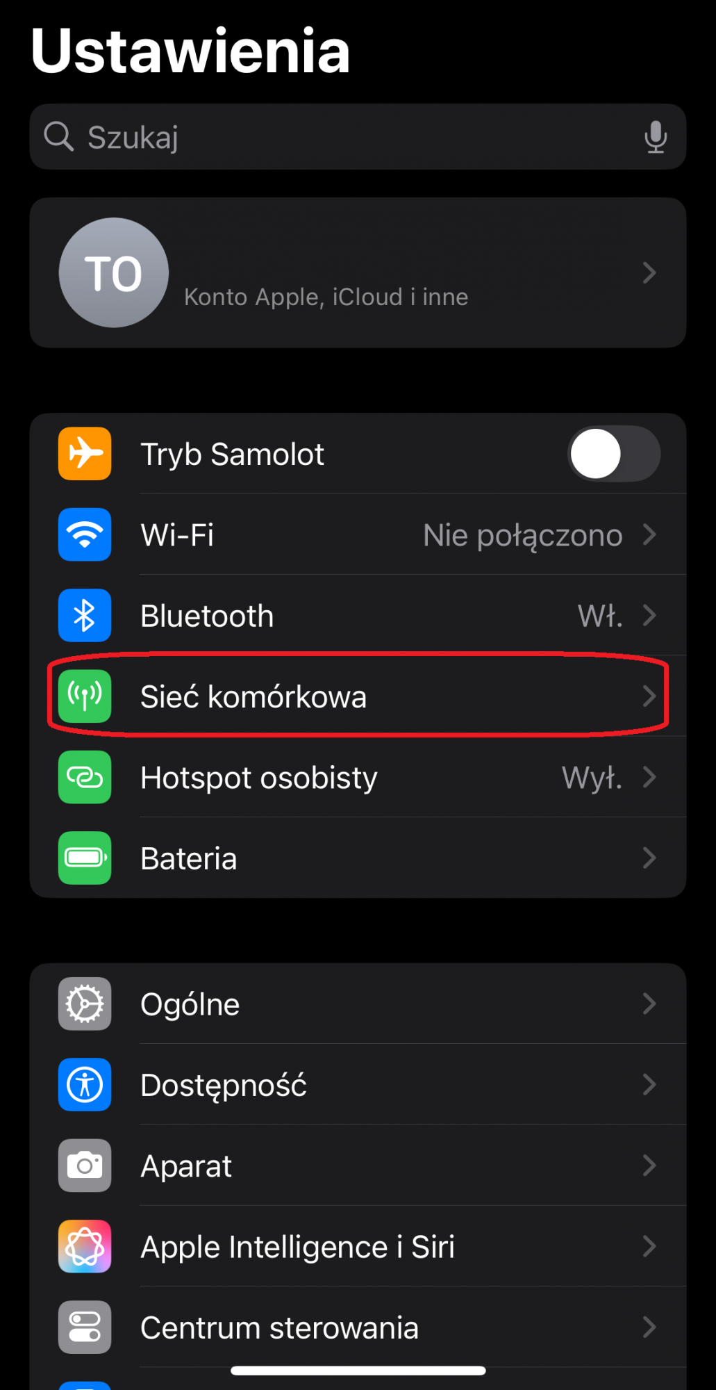 okno ustawień iphone