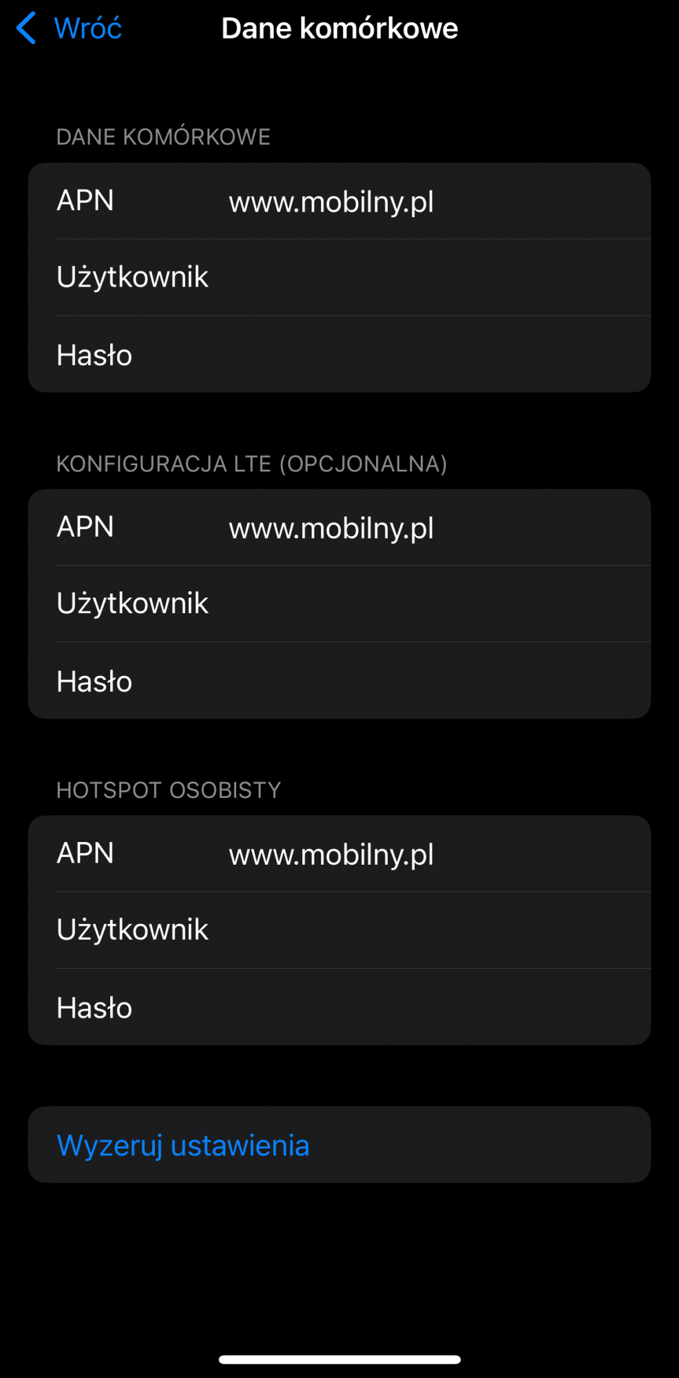 Konfiguracja punktów dostępu w iphone, APN danych komórkowych, konfiguracja LTE i Hotspot osobisty - APN ustawione na www.mobilny.pl, pozostałe ustawienia puste.